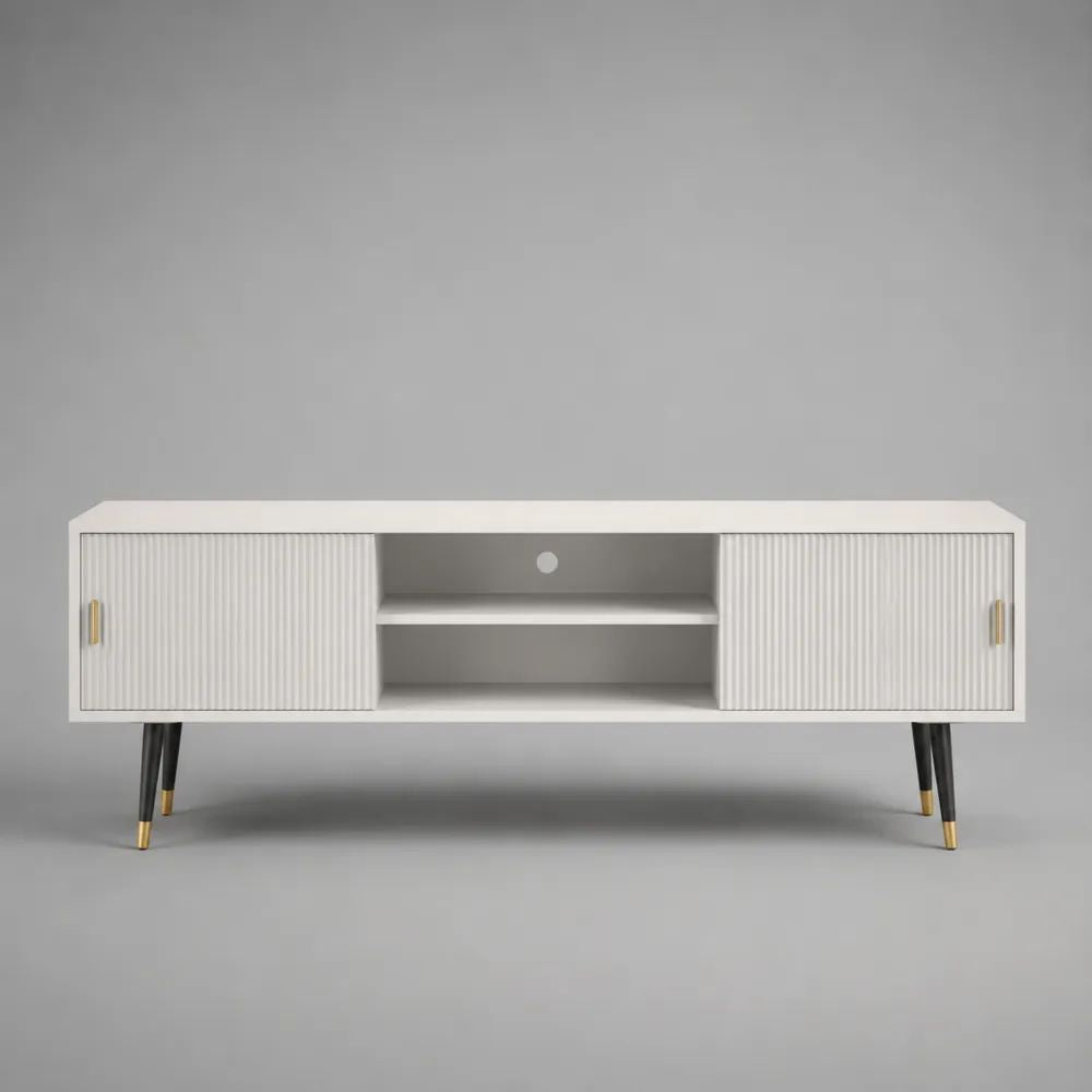 Meuble TV rectangulaire en MDF et acier avec 2 portes coulissantes, blanc, noir et doré, 160 × 40 × 60 cm