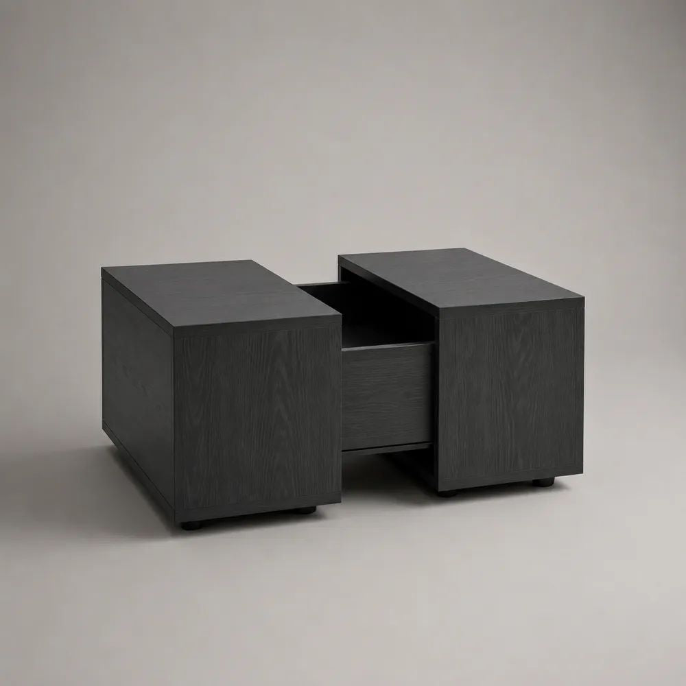 Table basse carrée extensible avec rangement en panneaux de particules noirs, 80 à 120 × 80 × 45 cm