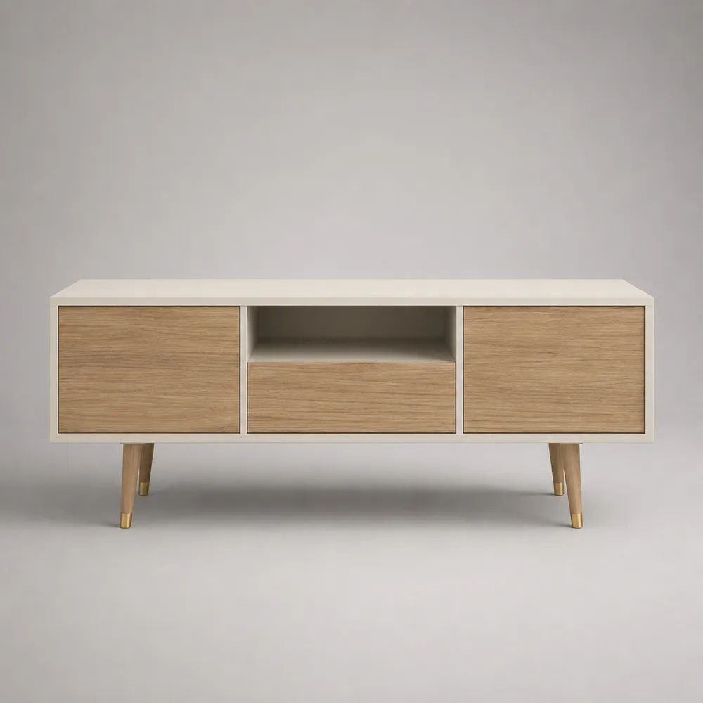 Meuble TV rectangulaire en MDF laqué et placage chêne, 2 portes, 1 tiroir et 1 niche, blanc, chêne naturel et doré, 120 × 40 × 65 cm