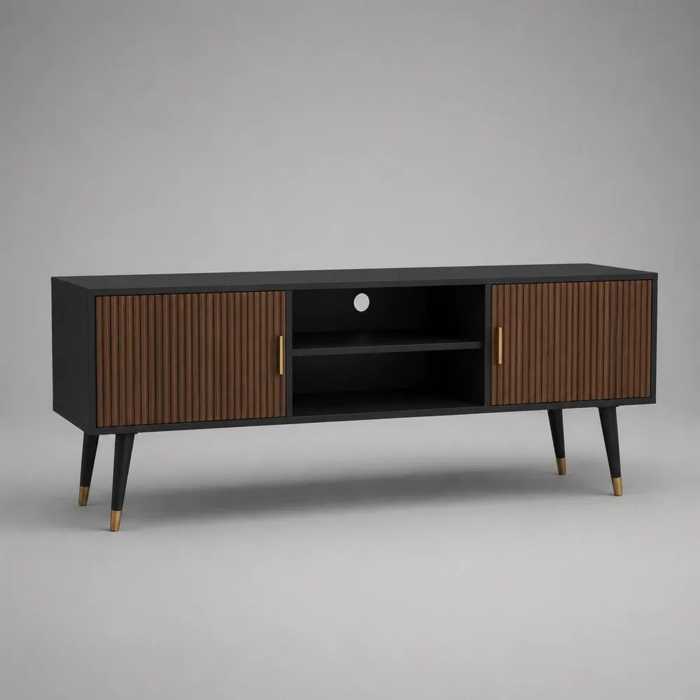 Meuble TV rectangulaire 2 portes en panneaux de particules et MDF noir et brun noyer, 160 x 40 x 60 cm
