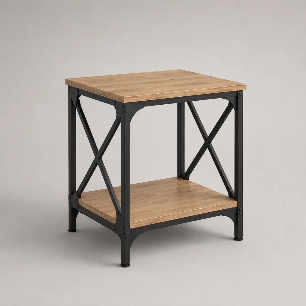 Table d'appoint carrée en acier noir et bois effet chêne naturel avec étagère, 50 × 50 × 60 cm
