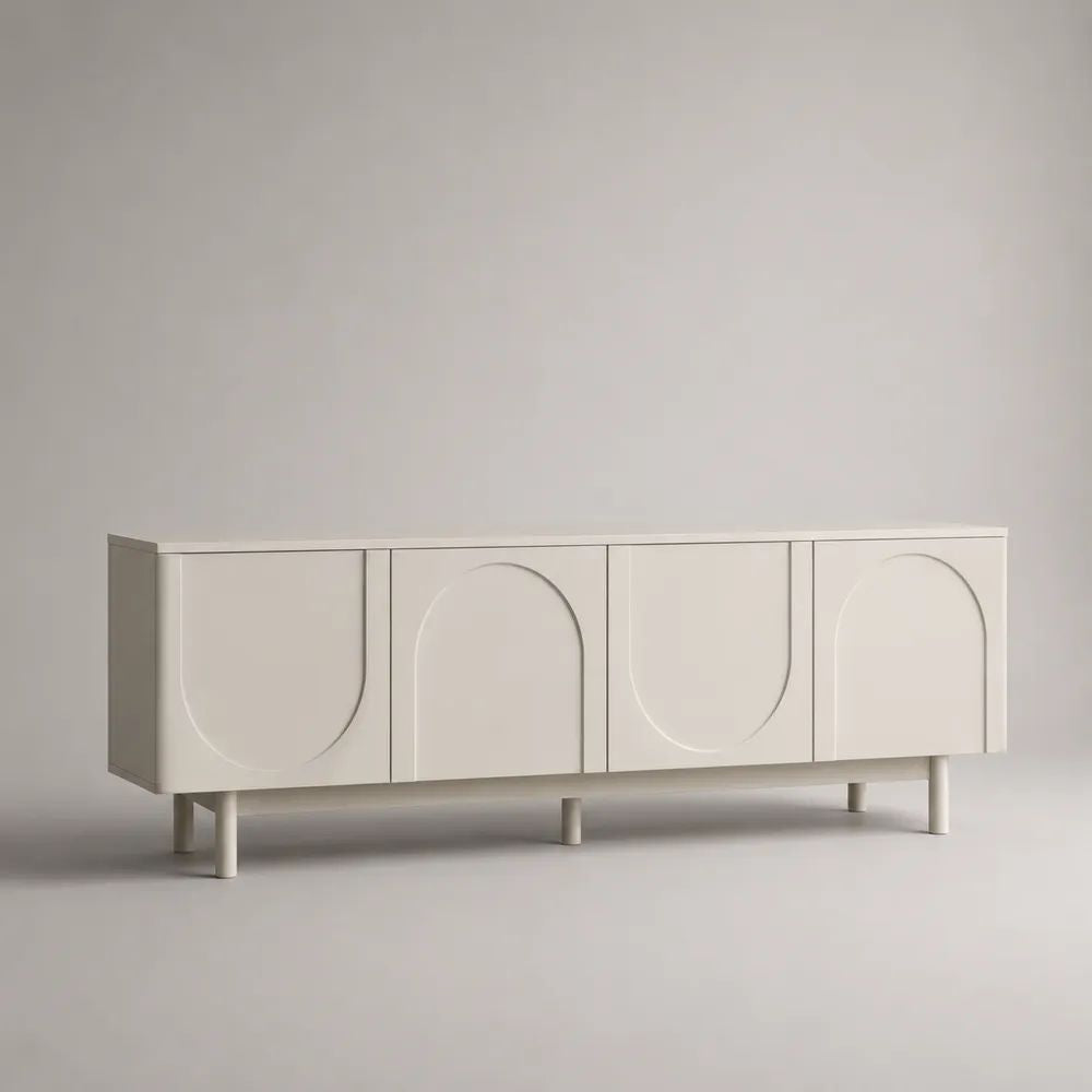 Meuble TV bas rectangulaire à 4 portes en MDF laqué et métal blanc cassé, 180 x 40 x 65 cm