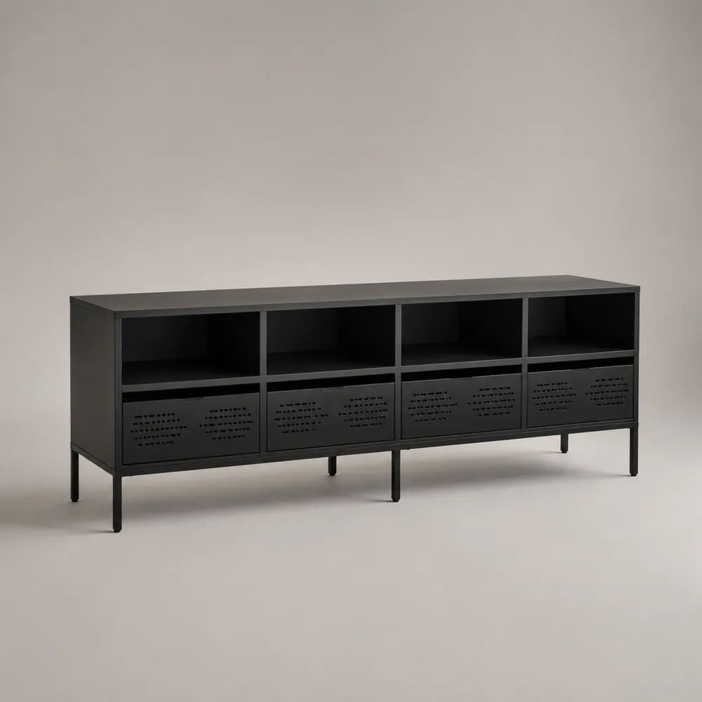 Meuble TV industriel bas en acier noir avec 4 niches et 4 compartiments ventilés, 180 × 40 × 68 cm