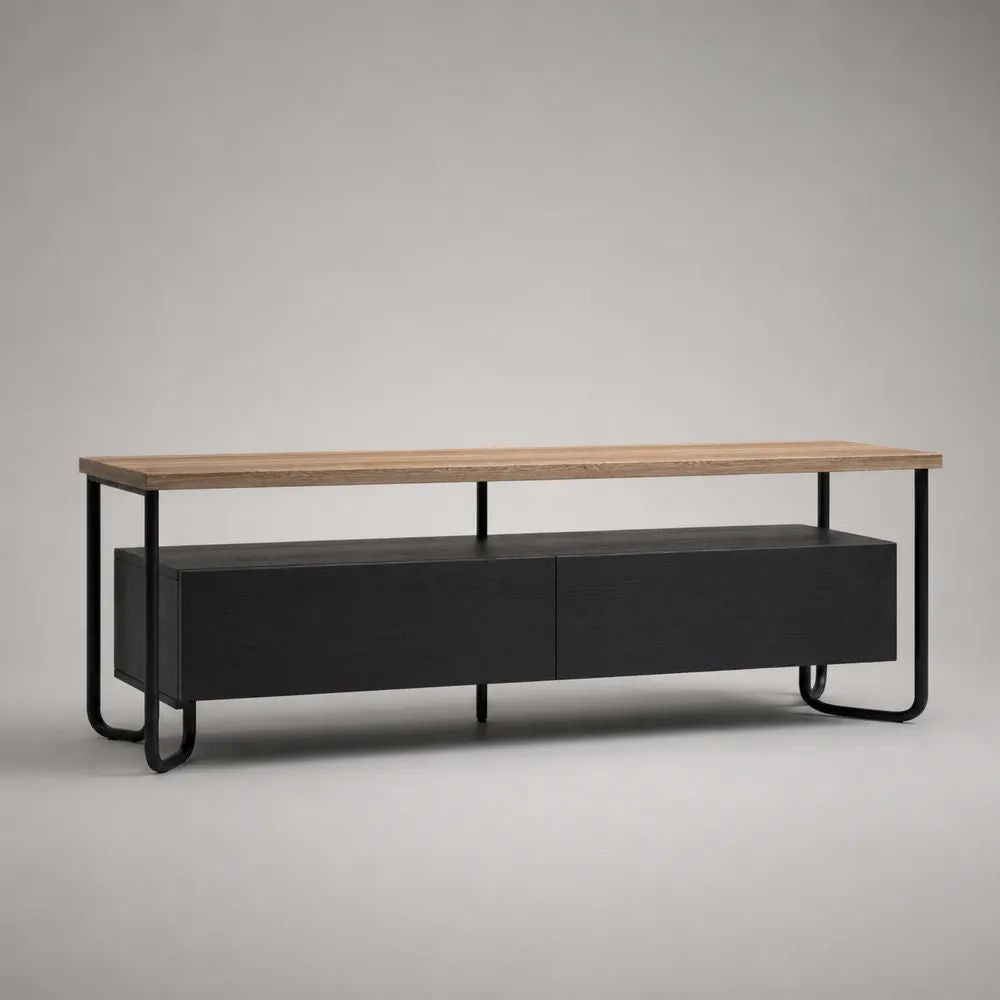 Meuble TV rectangulaire avec 2 compartiments en panneaux de particules et acier, chêne naturel et noir, 160 × 40 × 60 cm