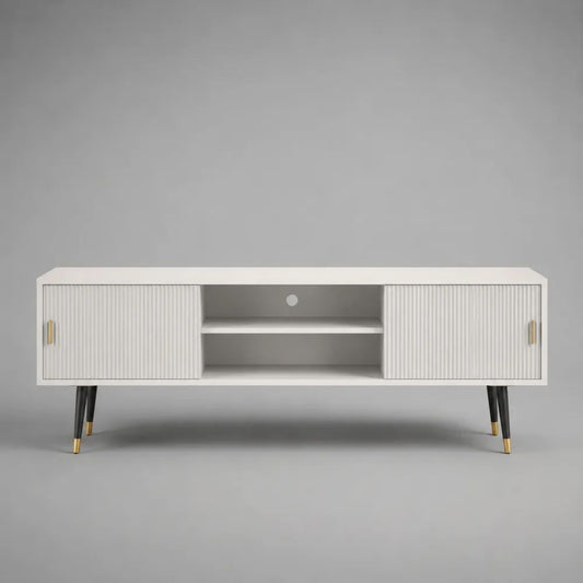Meuble TV rectangulaire en MDF et acier avec 2 portes coulissantes, blanc, noir et doré, 160 × 40 × 60 cm