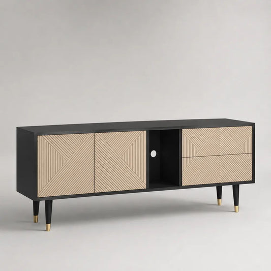 Meuble TV 160 x 40 x 70 cm en bois et métal, noir et chêne clair, 2 portes, 2 tiroirs et niche centrale