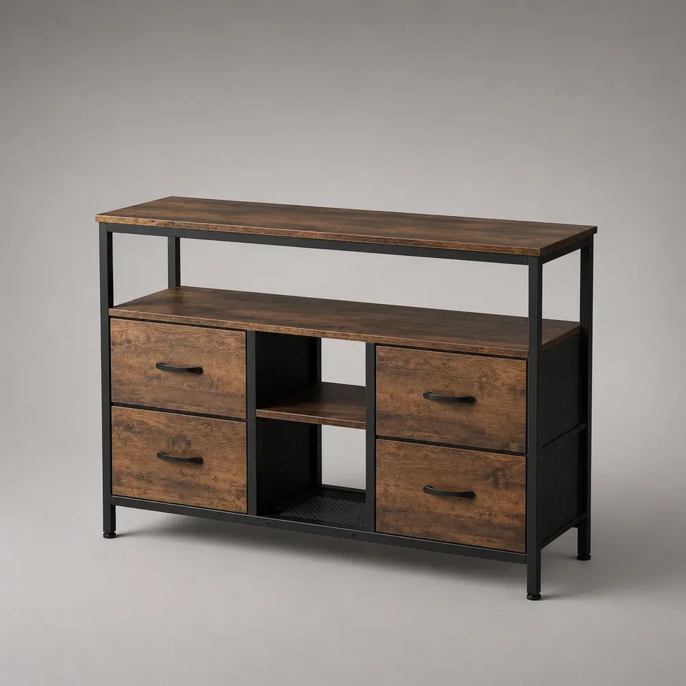 Commode basse rectangulaire à 4 tiroirs en polyester non tissé, cadre en acier et panneaux de particules, brun et noir, 100 × 30 × 92 cm