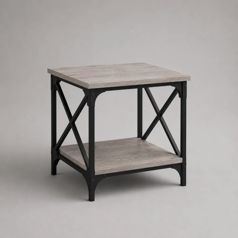 Table basse carrée à 2 niveaux en bois et acier, gris et noir, 50 × 50 × 55 cm