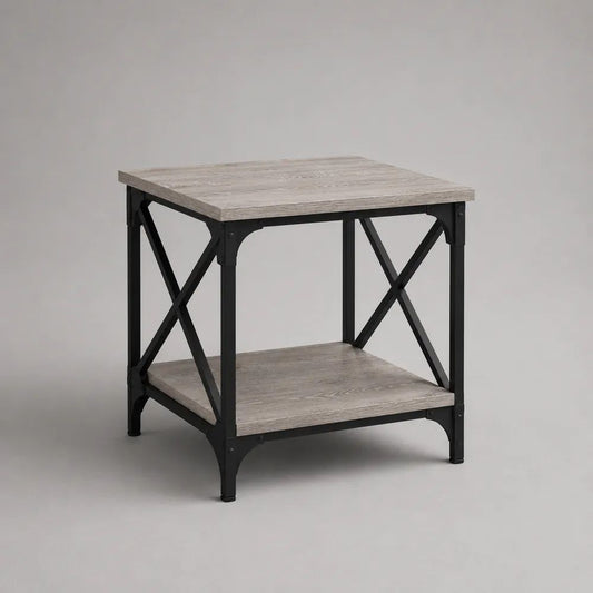 Table basse carrée à 2 niveaux en bois et acier, gris et noir, 50 × 50 × 55 cm