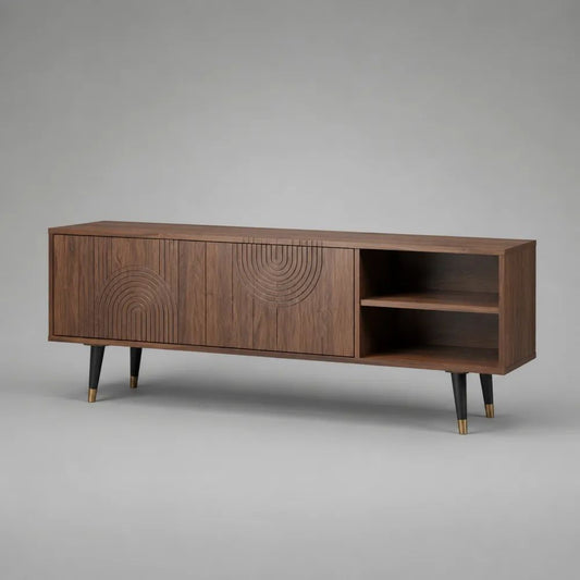 Meuble bas pour téléviseur en MDF plaqué noyer et métal, 3 portes et 2 niches, marron noyer, noir et doré, 180 × 40 × 60 cm