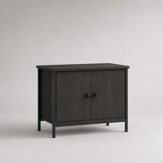 Meuble TV rectangulaire en bois et acier noir avec rangement à 2 portes, 80 × 40 × 75 cm