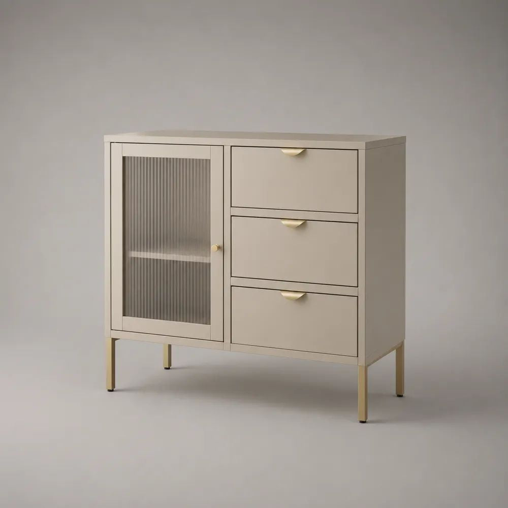 Commode basse en bois, métal et verre beige et doré, 3 tiroirs et 1 porte, 80 x 35 x 80 cm