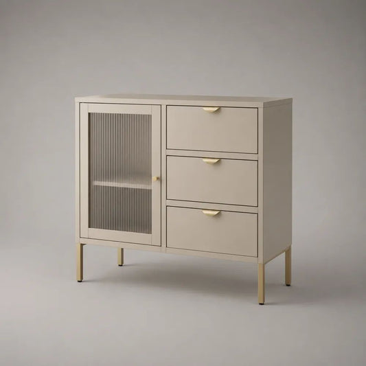 Commode basse en bois, métal et verre beige et doré, 3 tiroirs et 1 porte, 80 x 35 x 80 cm