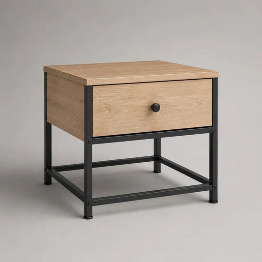 Table d'appoint rectangulaire en bois et acier avec tiroir, chêne clair et noir, 45 × 40 × 55 cm
