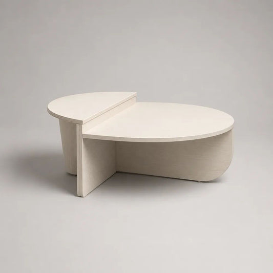 Table basse à deux niveaux en contreplaqué de bouleau plaqué chêne blanchi, forme organique, blanc cassé, 100 × 70 × 45 cm