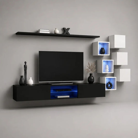 Ensemble meuble TV mural 8 pièces en bois noir et blanc avec rangements et LED bleues, 260 x 40 x 180 cm