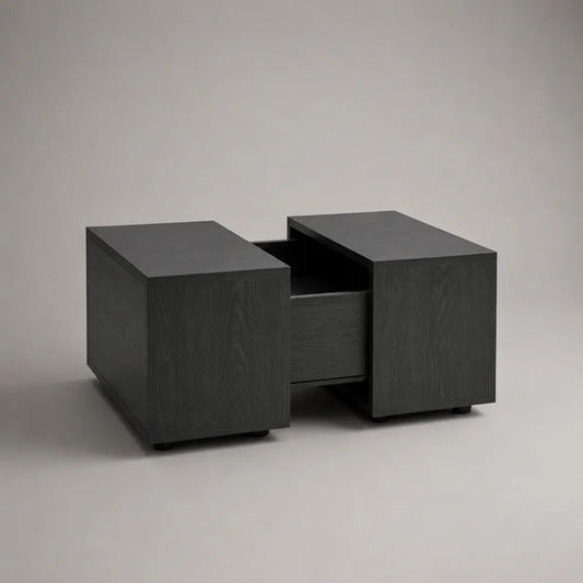 Table basse carrée extensible avec rangement en panneaux de particules noirs, 80 à 120 × 80 × 45 cm