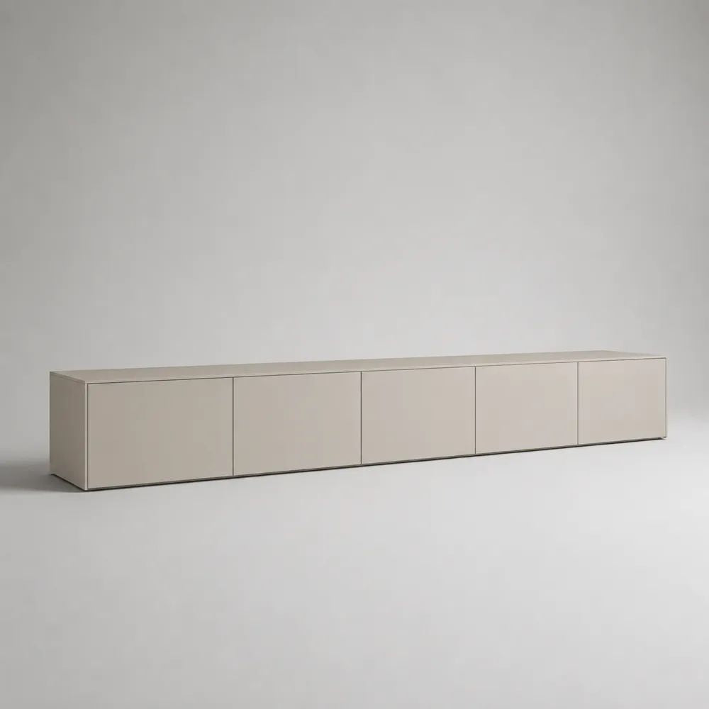 Meuble TV bas rectangulaire à 5 portes en panneaux MDF beige mat, 240 x 40 x 45 cm