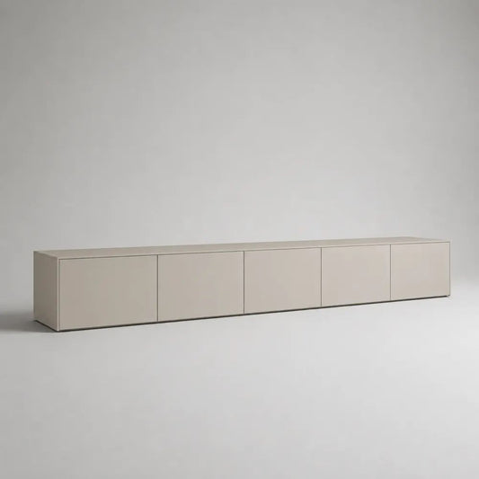 Meuble TV bas rectangulaire à 5 portes en panneaux MDF beige mat, 240 x 40 x 45 cm