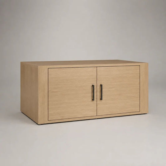 Table basse rectangulaire avec rangement à 2 portes en panneaux de particules, chêne naturel et noir, 100 × 50 × 45 cm