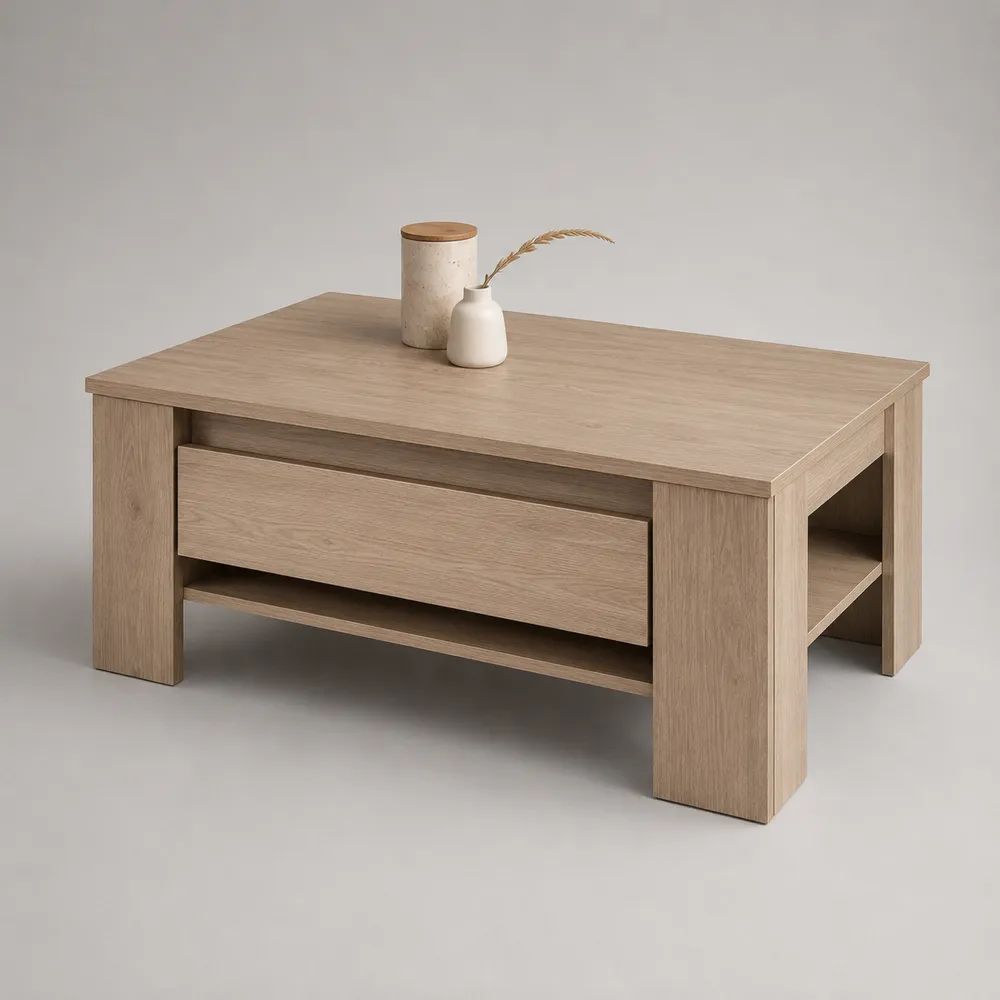 Table basse rectangulaire en bois avec tiroir et rangements, chêne clair, 100 x 60 x 45 cm