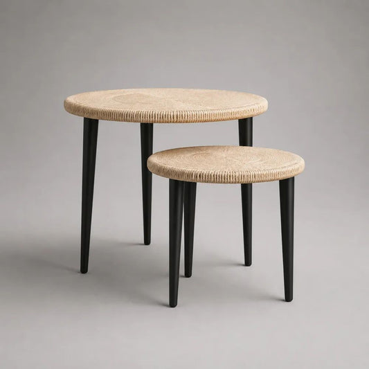 Lot de 2 tables basses gigognes rondes en corde de papier tressée et acier noir, ? 60 × H 50 cm et ? 45 × H 40 cm