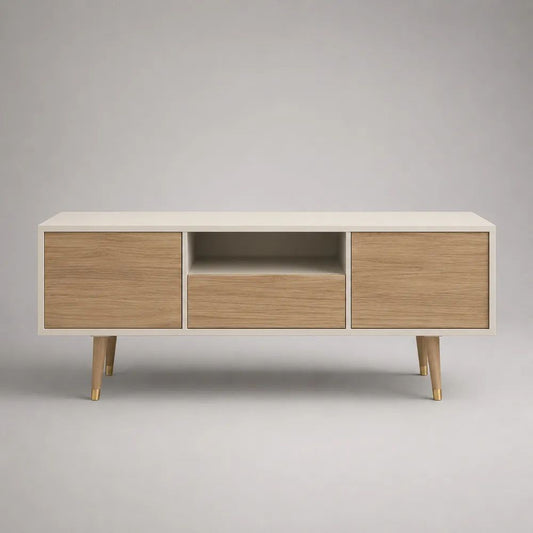 Meuble TV rectangulaire en MDF laqué et placage chêne, 2 portes, 1 tiroir et 1 niche, blanc, chêne naturel et doré, 120 × 40 × 65 cm