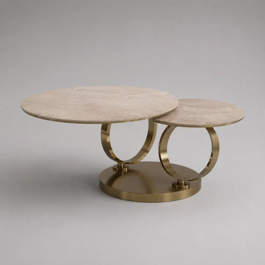 Table basse ronde à deux plateaux en MDF effet travertin et acier inoxydable doré, 100 × 70 × 45 cm