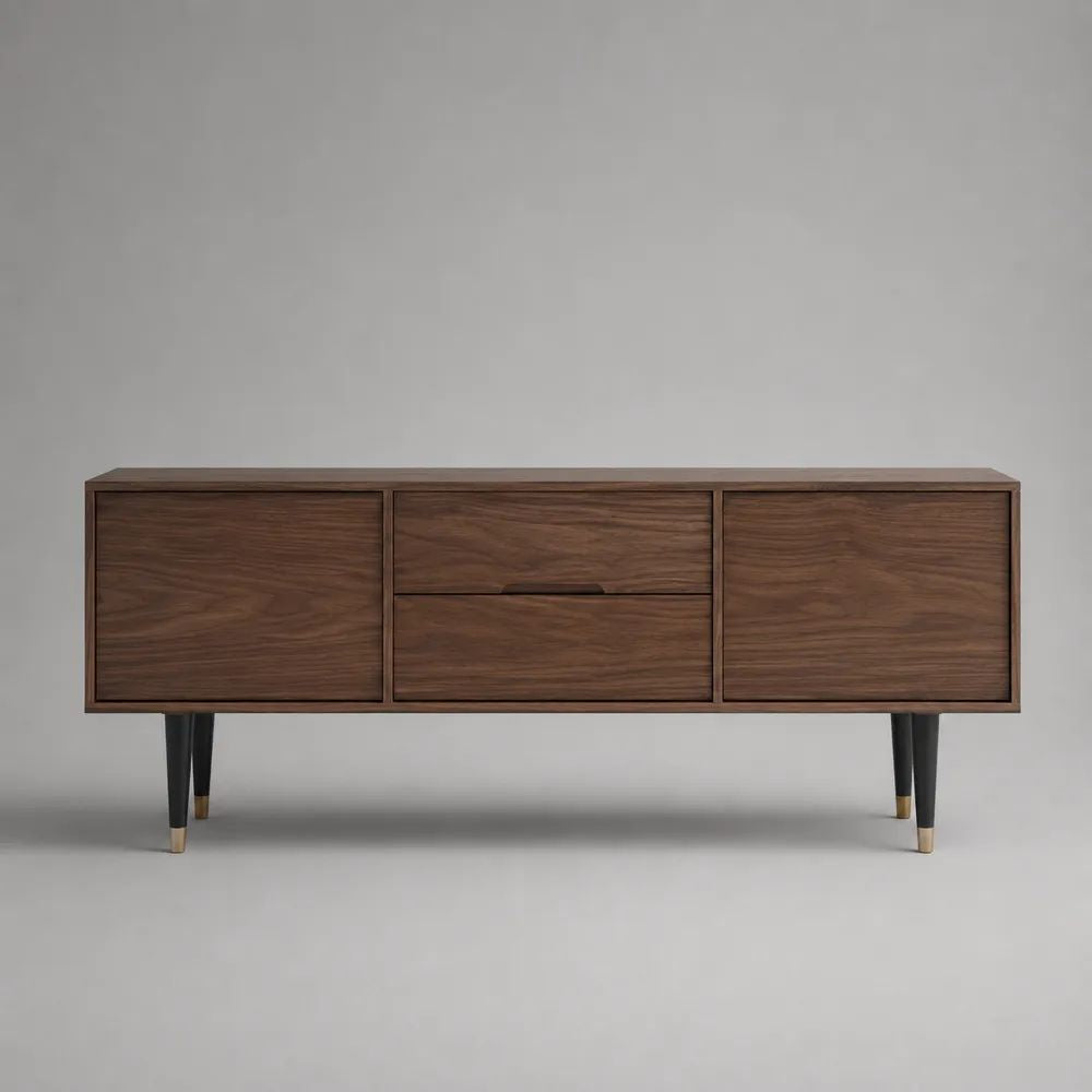 Meuble TV bas en MDF plaqué noyer avec 2 portes, 2 tiroirs et pieds en acier noir, 160 x 40 x 75 cm