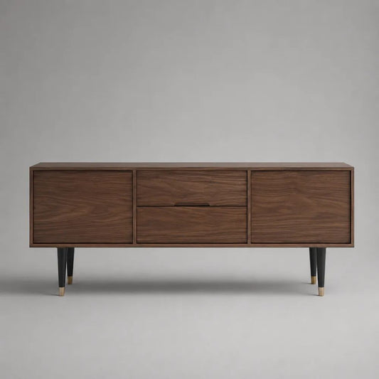 Meuble TV bas en MDF plaqué noyer avec 2 portes, 2 tiroirs et pieds en acier noir, 160 x 40 x 75 cm