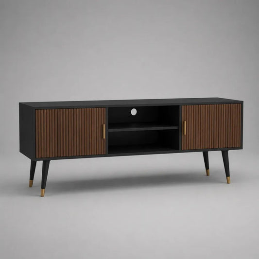 Meuble TV rectangulaire 2 portes en panneaux de particules et MDF noir et brun noyer, 160 x 40 x 60 cm