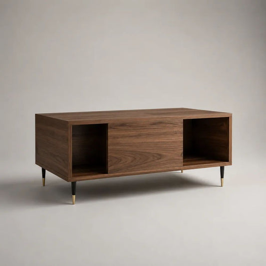 Table basse rectangulaire avec rangements et porte coulissante en MDF mélaminé et acier, brun noyer/noir/laiton, 100 × 50 × 45 cm