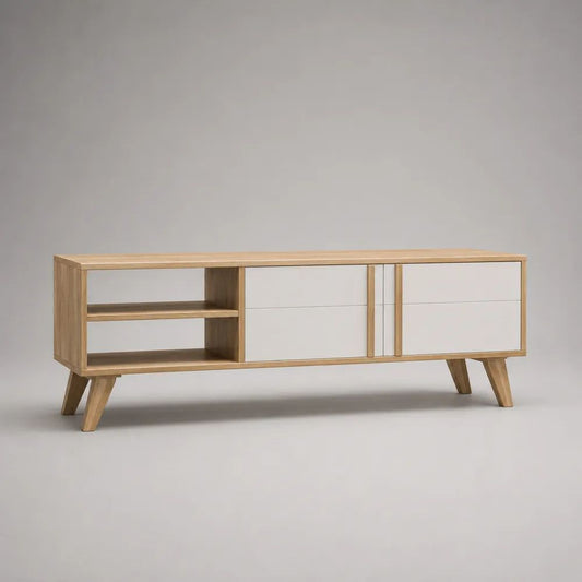 Meuble TV bas rectangulaire en bois et MDF, 2 niches, 2 tiroirs et 2 portes, chêne naturel et blanc mat, 160 × 40 × 60 cm