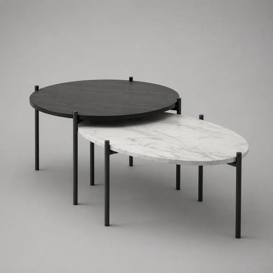 Lot de 2 tables basses gigognes en bois et métal, plateaux noir et blanc effet marbre, 80 x 70 x 45 cm et 75 x 55 x 38 cm