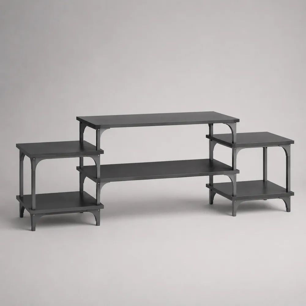 Meuble TV modulable 3 pièces en panneaux de particules et acier, gris anthracite et noir, élément central 120 × 40 × 76 cm, éléments latéraux 60 × 40 × 55 cm