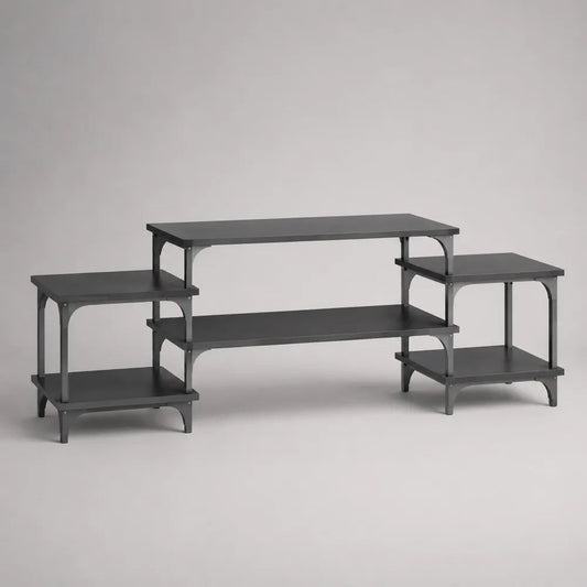 Meuble TV modulable 3 pièces en panneaux de particules et acier, gris anthracite et noir, élément central 120 × 40 × 76 cm, éléments latéraux 60 × 40 × 55 cm