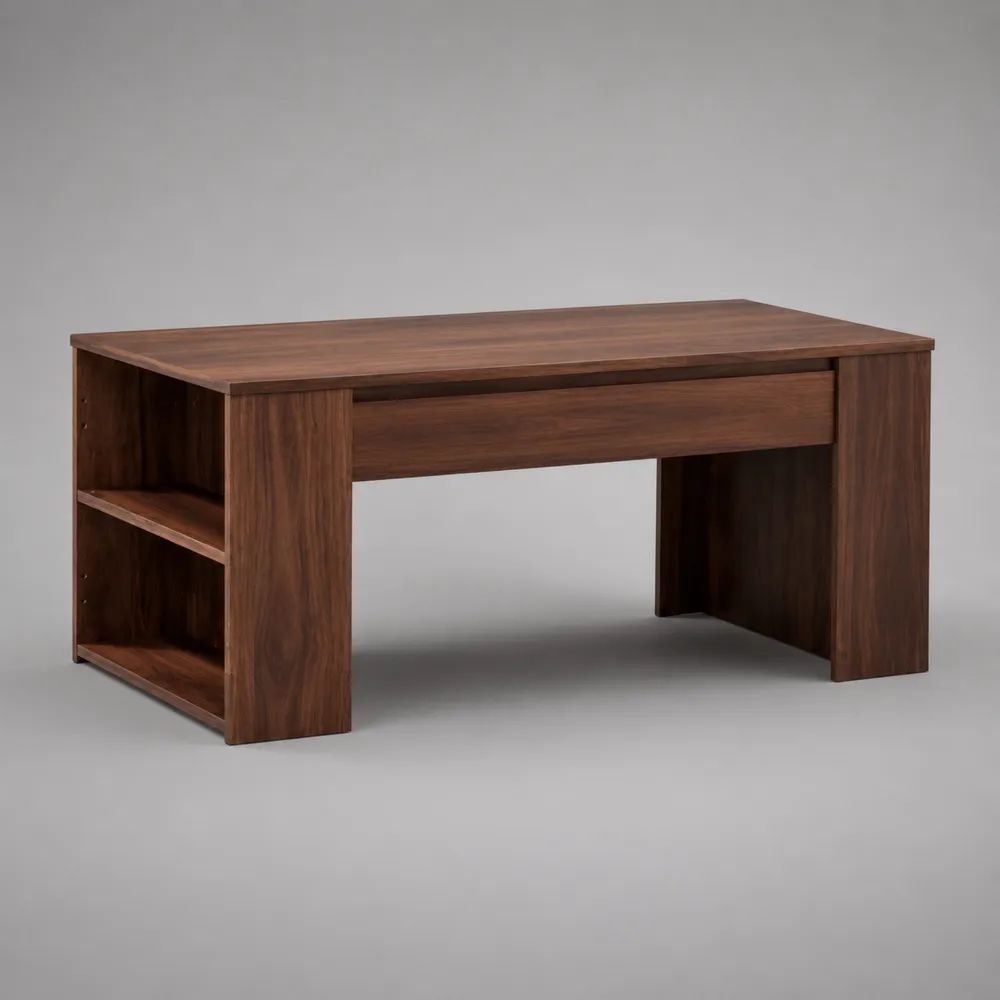 Table basse rectangulaire en bois avec tiroir et rangement latéral, brun noyer, 100 x 50 x 50 cm