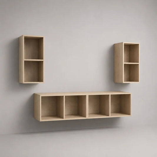 Ensemble meuble TV mural 3 pièces en panneaux de particules mélaminés chêne clair, meuble bas 160 × 30 × 40 cm et 2 colonnes 40 × 25 × 80 cm