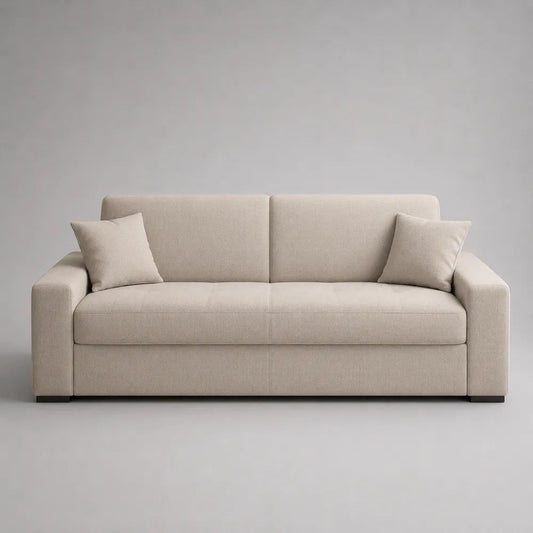 Canapé droit 3 places en tissu polyester beige, 200 x 90 x 85 cm, avec 2 coussins