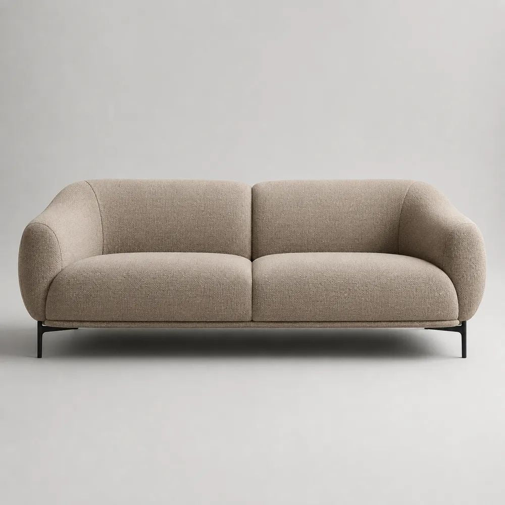 Canapé 2 places en tissu bouclette beige avec pieds en acier noir, forme arrondie, 180 × 90 × 78 cm