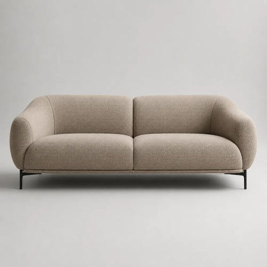 Canapé 2 places en tissu bouclette beige avec pieds en acier noir, forme arrondie, 180 × 90 × 78 cm