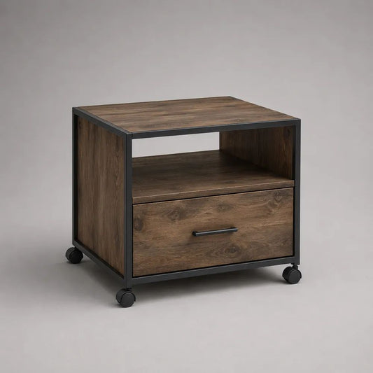 Table d'appoint rectangulaire à roulettes en bois et métal, avec tiroir et étagère, brun chêne et noir, 50 × 40 × 55 cm