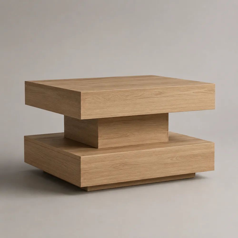 Table basse carrée à piédestal en MDF plaqué chêne naturel 80 × 80 × 45 cm