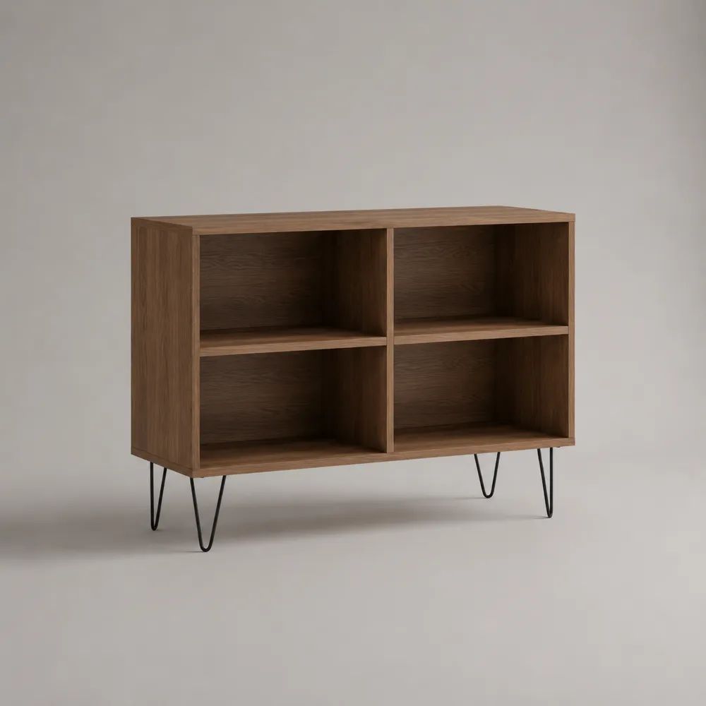 Meuble TV rectangulaire ouvert à 4 niches en panneaux de particules, décor noyer et pieds en acier noir, 100 × 35 × 75 cm