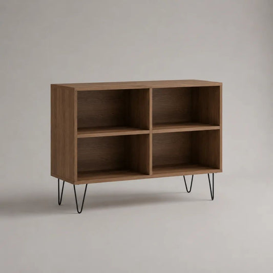Meuble TV rectangulaire ouvert à 4 niches en panneaux de particules, décor noyer et pieds en acier noir, 100 × 35 × 75 cm