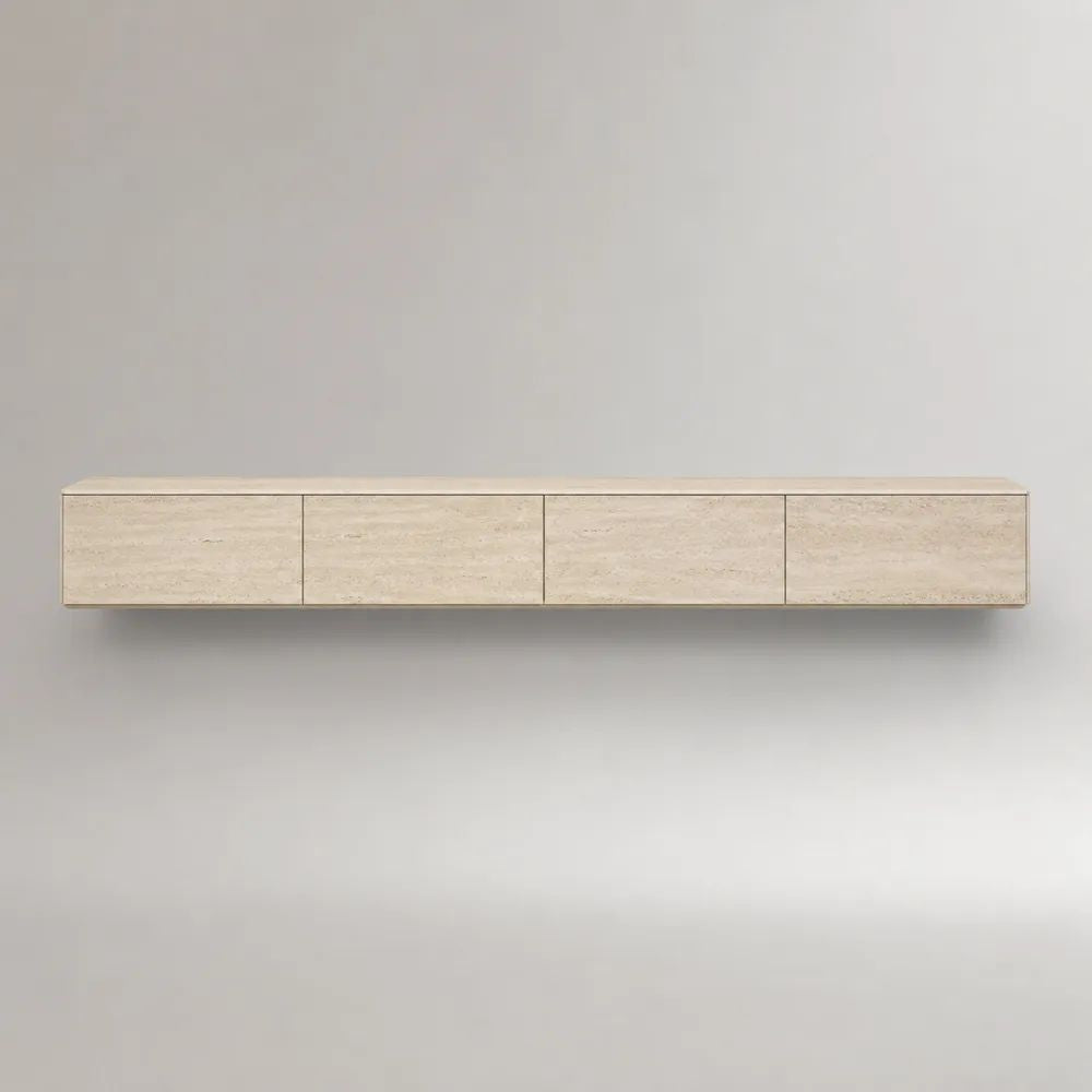 Meuble TV suspendu rectangulaire à 4 portes en MDF mélaminé effet travertin beige, 180 × 35 × 30 cm