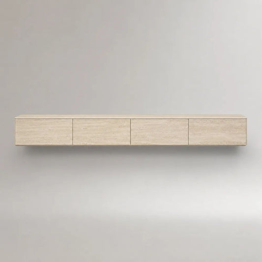 Meuble TV suspendu rectangulaire à 4 portes en MDF mélaminé effet travertin beige, 180 × 35 × 30 cm