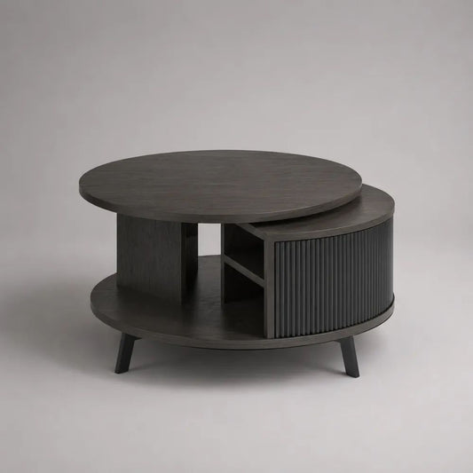 Table basse ronde avec rangement et plateau pivotant en MDF plaqué frêne noir, ? 80 × H 45 cm