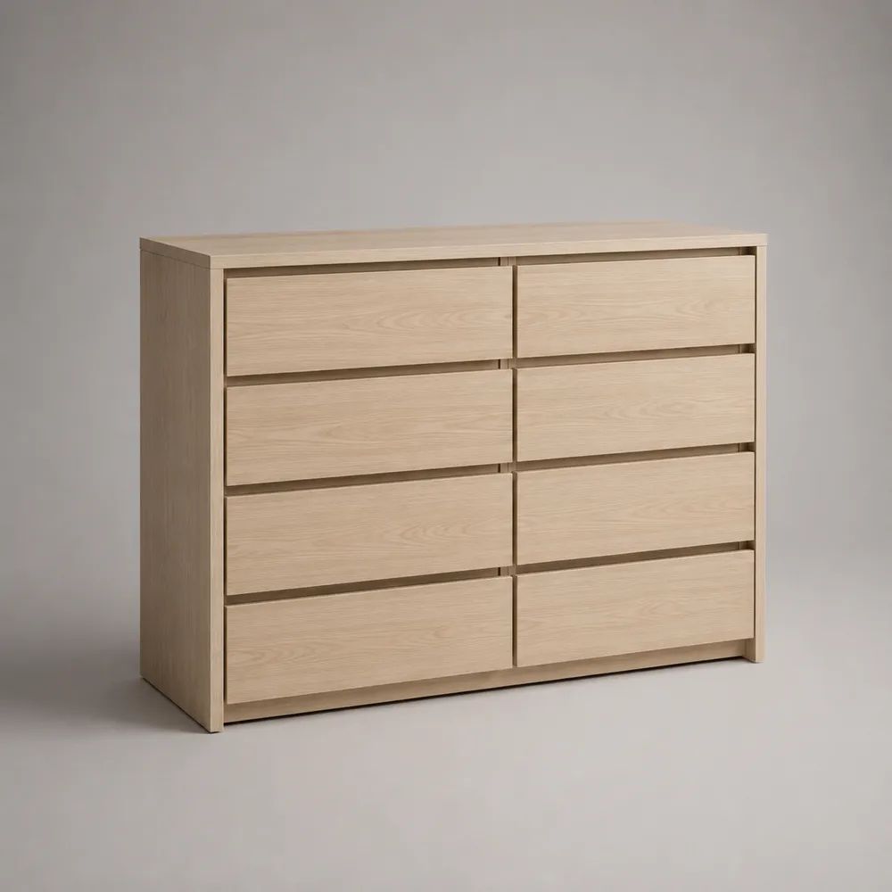 Commode basse rectangulaire en bois, 8 tiroirs, chêne clair, 120 × 40 × 90 cm