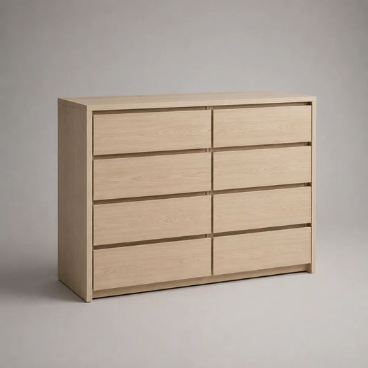 Commode basse rectangulaire en bois, 8 tiroirs, chêne clair, 120 × 40 × 90 cm